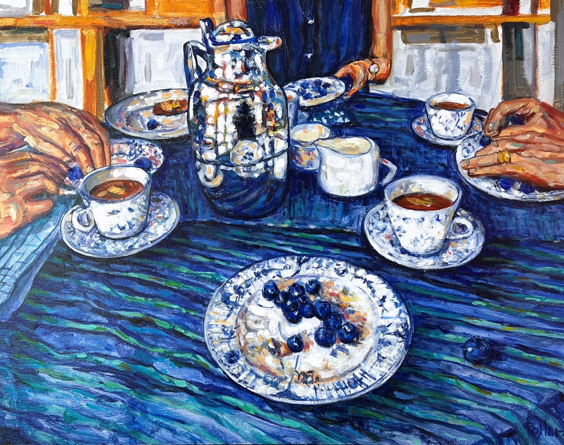 Blueberries and Tea is a dining table scene with a silver tea pot white and blue plates with blueberries and three sets of hands enjoying the food.