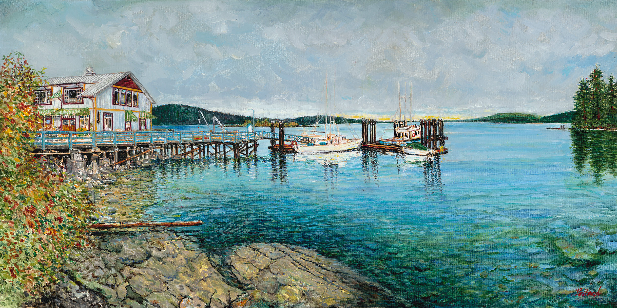 Hope Bay is a seascape painted with aquamarine and turquoise clear blue water with the Hope Bay Store on the left. 