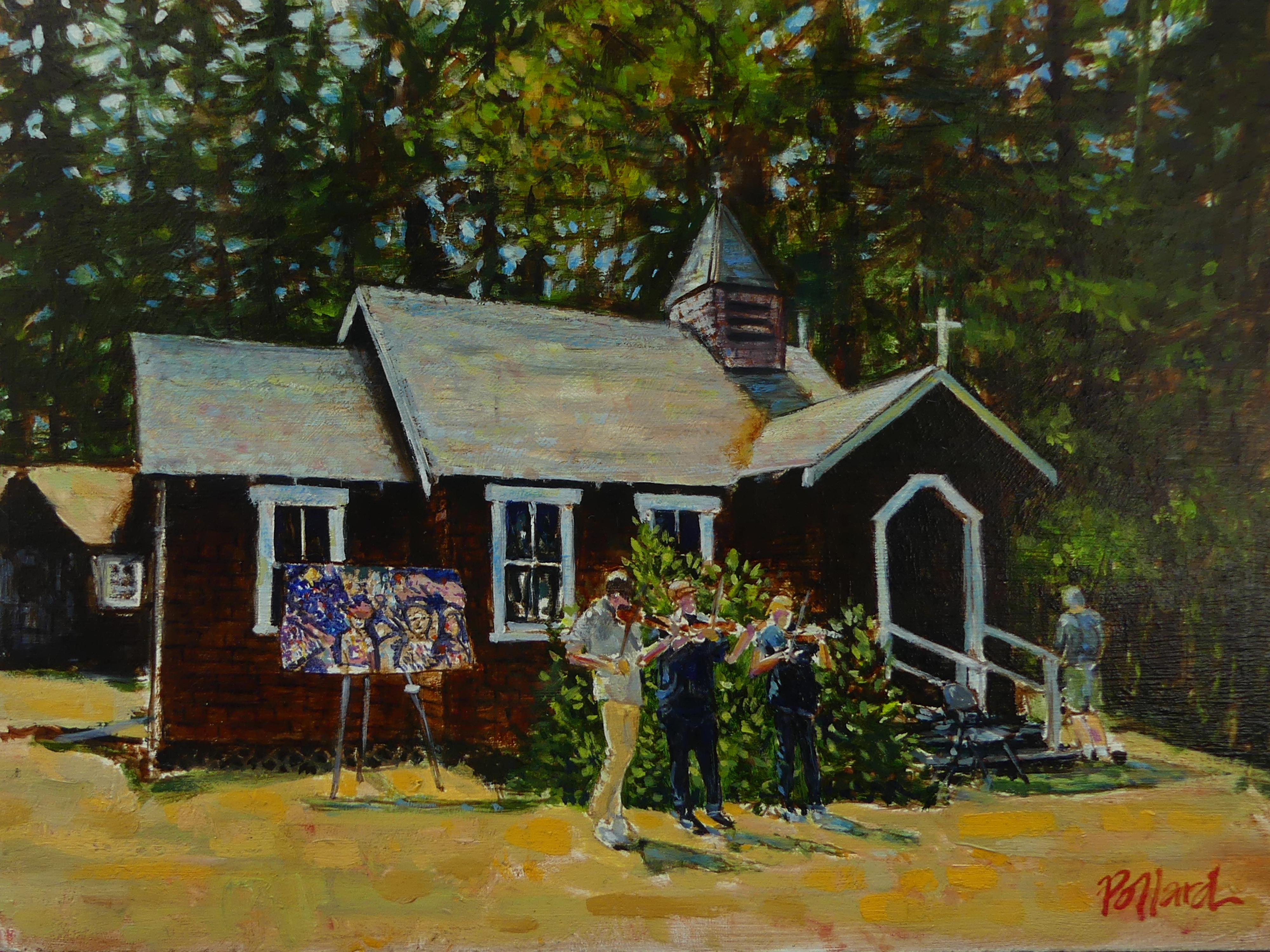 Music And Art is a painting that is of a band playing at Art Off The Fence art show on South Pender Island with a church in the background and paintings on easels. 