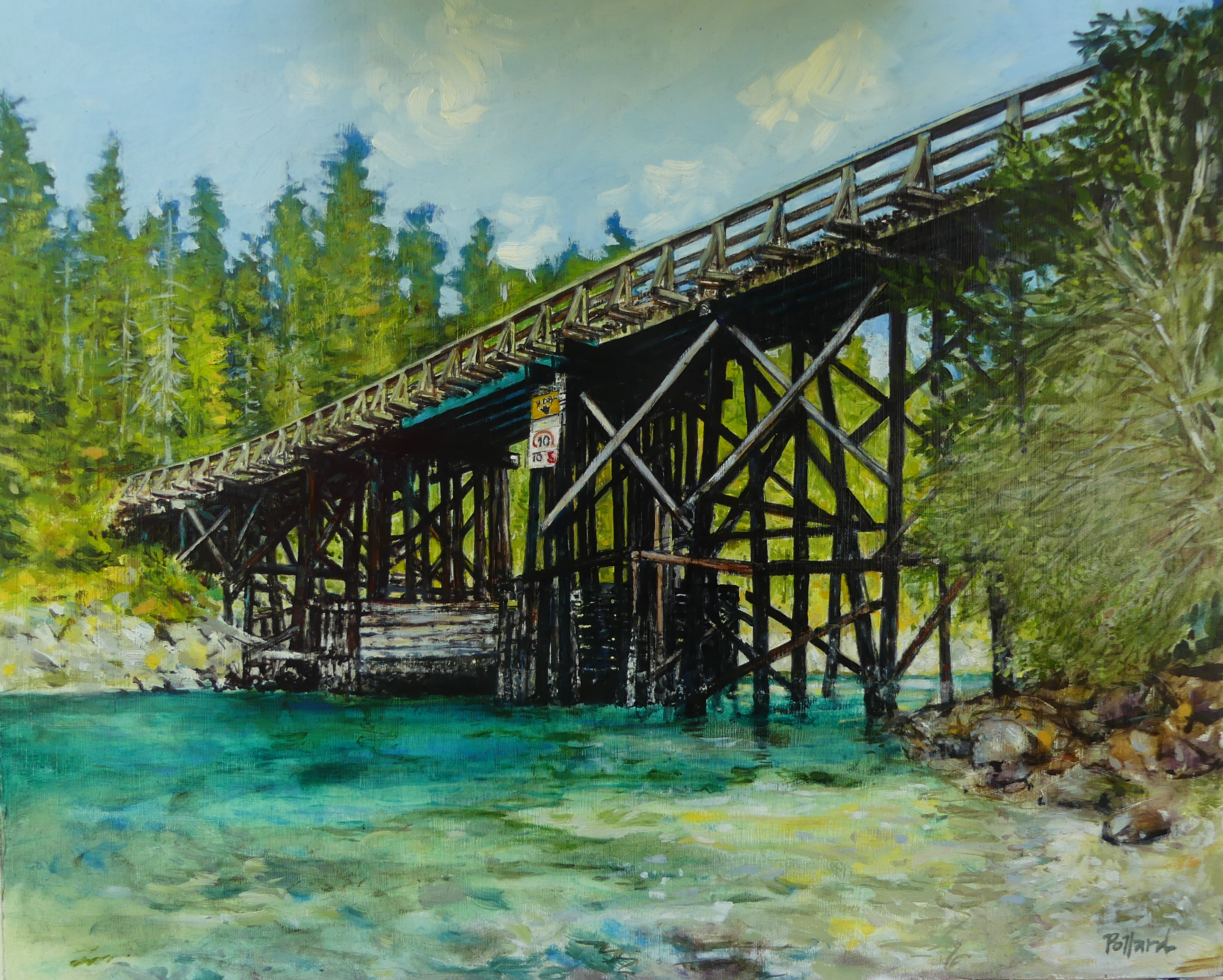The Bridge is of the bridge that connects north and south Pender Island with clear turquoise water and painterly but detailed depiction of the wooden bridge
